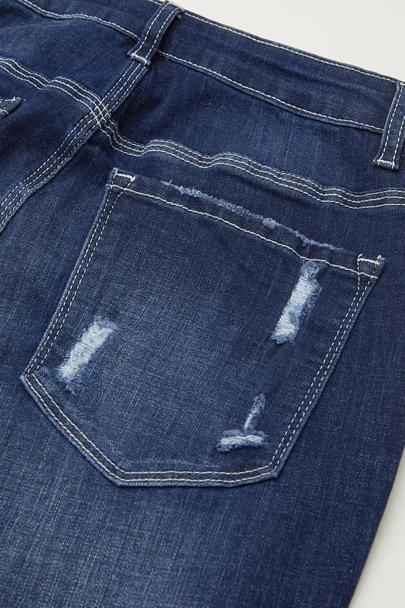 Multi Button Distressed Roll Up Hem Mid Waist Skinny Jeans