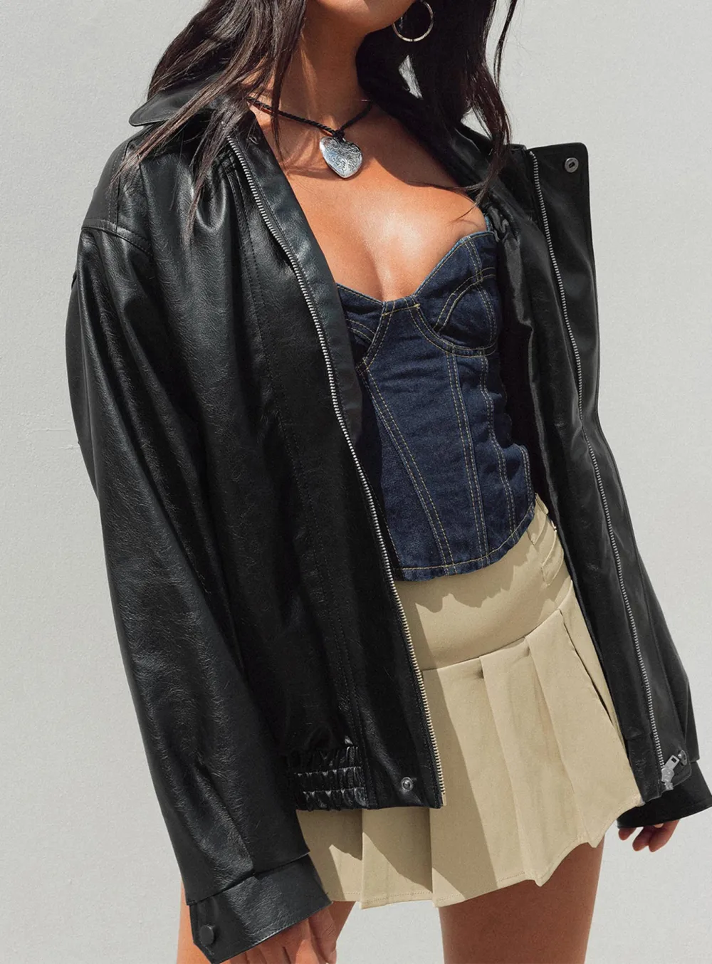 Satin Trim Faux Leather Jacket