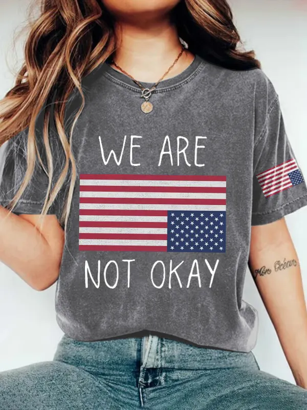 Women'S T-Shirt Retro We Are Not Ok Printed T-Shirt Wash Texture Pure Cotton Round Neck Short Sleeve