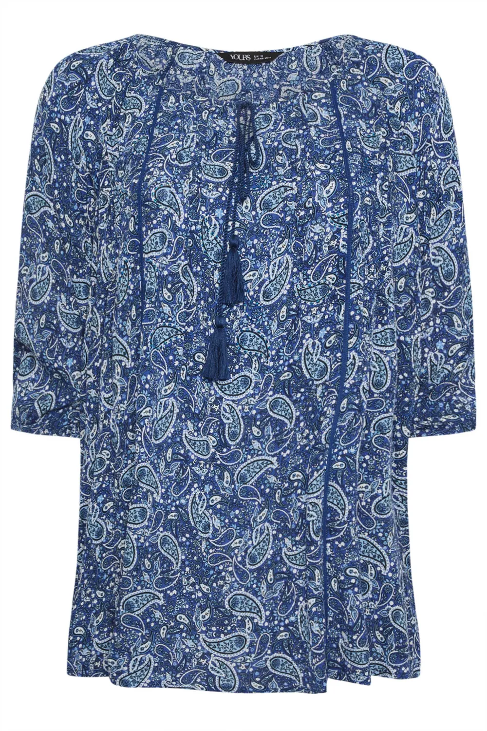 YOURS Curve Navy Blue Paisley Print Tie Neck Blouse