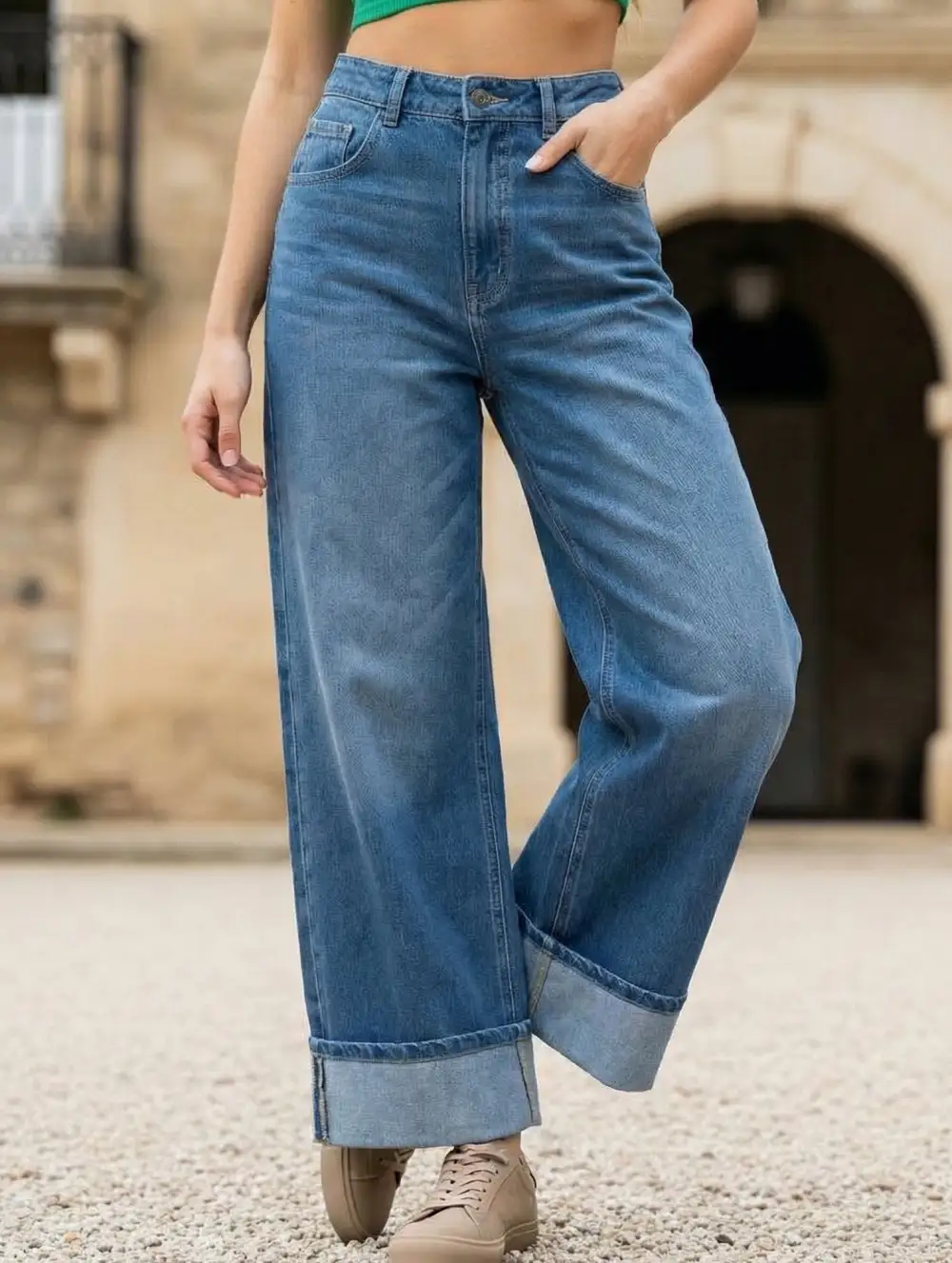 Casual Rolled-Up Wide-Leg Jeans