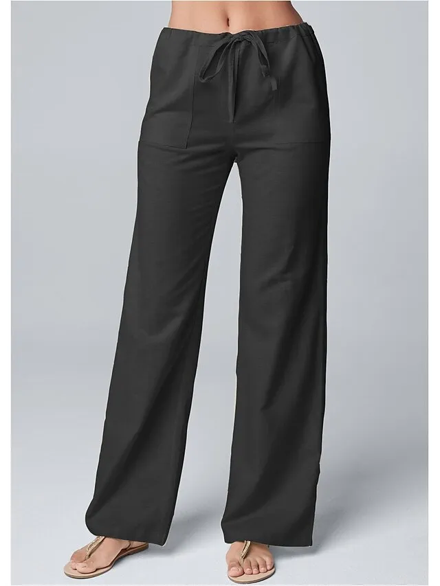 Women's Wide Leg Linen Pants Pants Trousers Full Length Cotton Faux Linen Side Pockets Wide Leg Fashion Casual Daily White Khaki S M