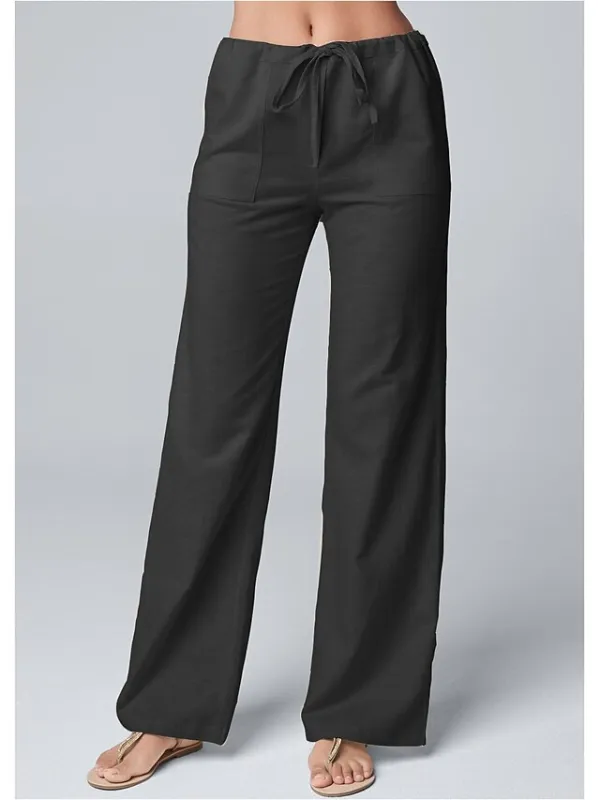 Women's Wide Leg Linen Pants Pants Trousers Full Length Cotton Faux Linen Side Pockets Wide Leg Fashion Casual Daily White Khaki S M