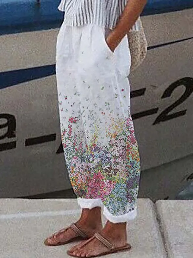 Women's Linen Pants Chinos Pants Trousers Full Length Faux Linen Side Pockets Baggy Micro-elastic Mid Waist Fashion Designer Casual Weekend White / Black White S M Summer Spring &  Fall