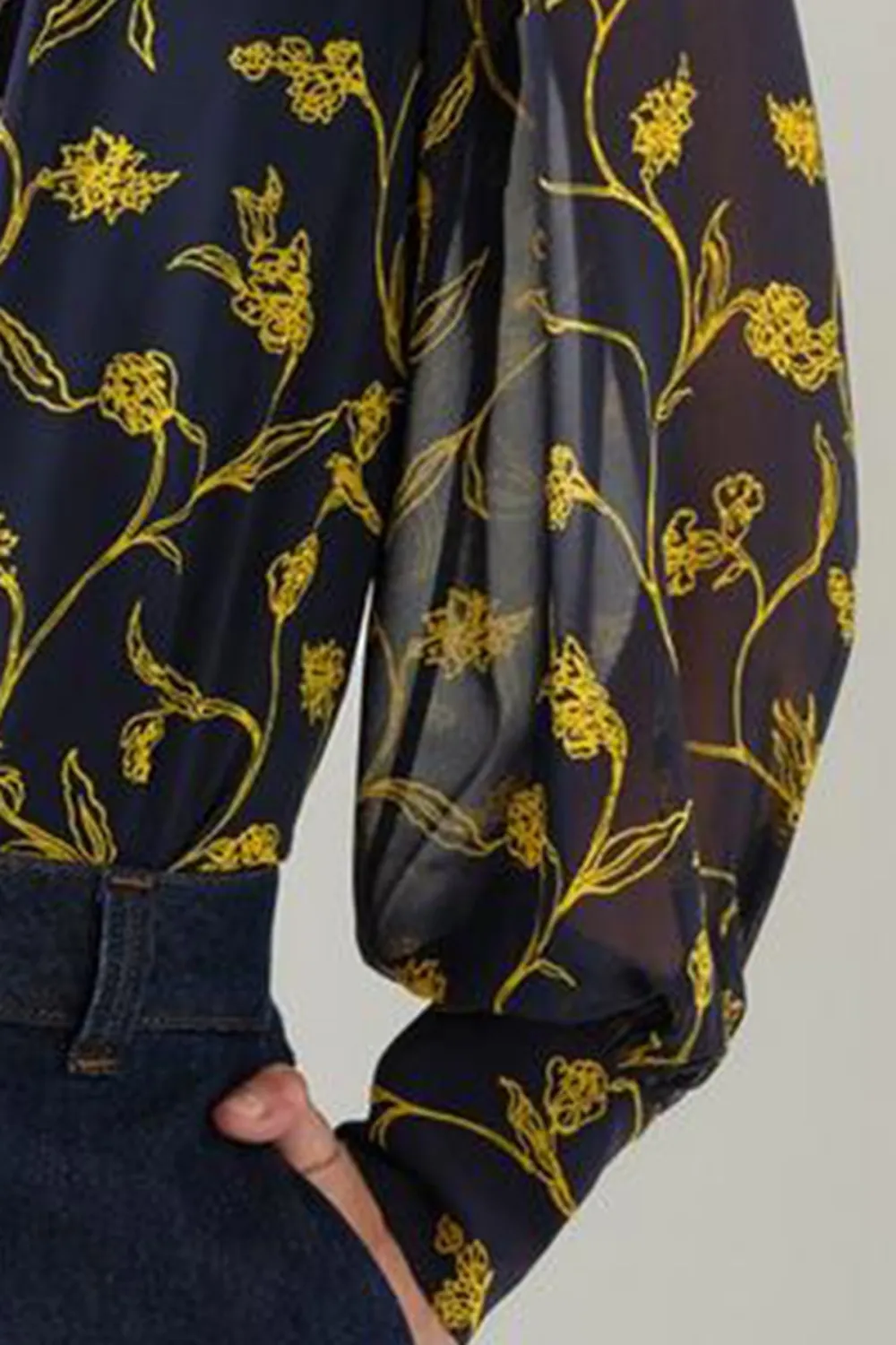 Navy Blue Floral Print Sheer Long Sleeve Shirt