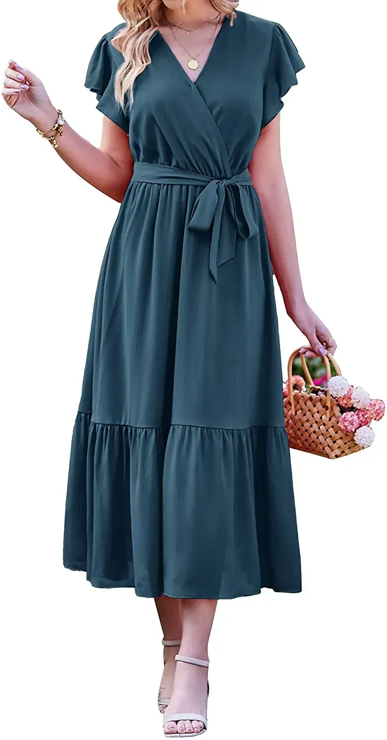 Women Summer Bohemian Floral Casual Wrap V Neck Ruffle Cap Sleeveless Belt A-Line Pleated Hem Swing Midi Sun Dress