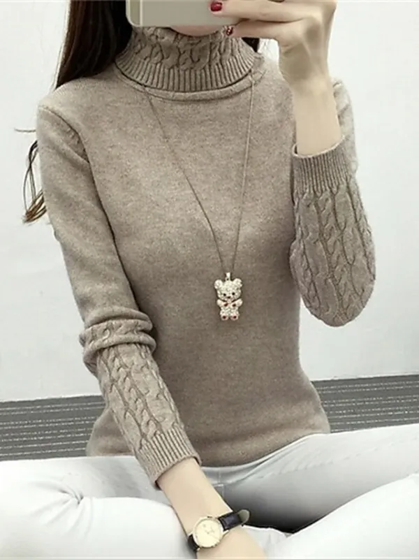 Women's Pullover Sweater Jumper Pullover Jumper Turtleneck Knit Polyester Knitted Thin Fall Winter Home Daily Going out Stylish Basic Sexy Long Sleeve Solid Color Black White Pink S M L