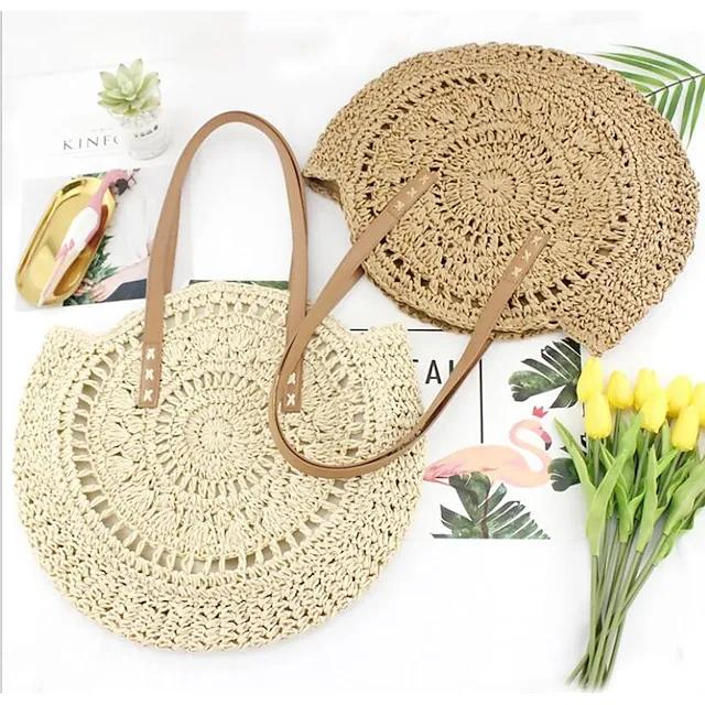 Women's Tote Straw Bag Straw Daily Holiday Solid Color Bohemian Style Brown Beige