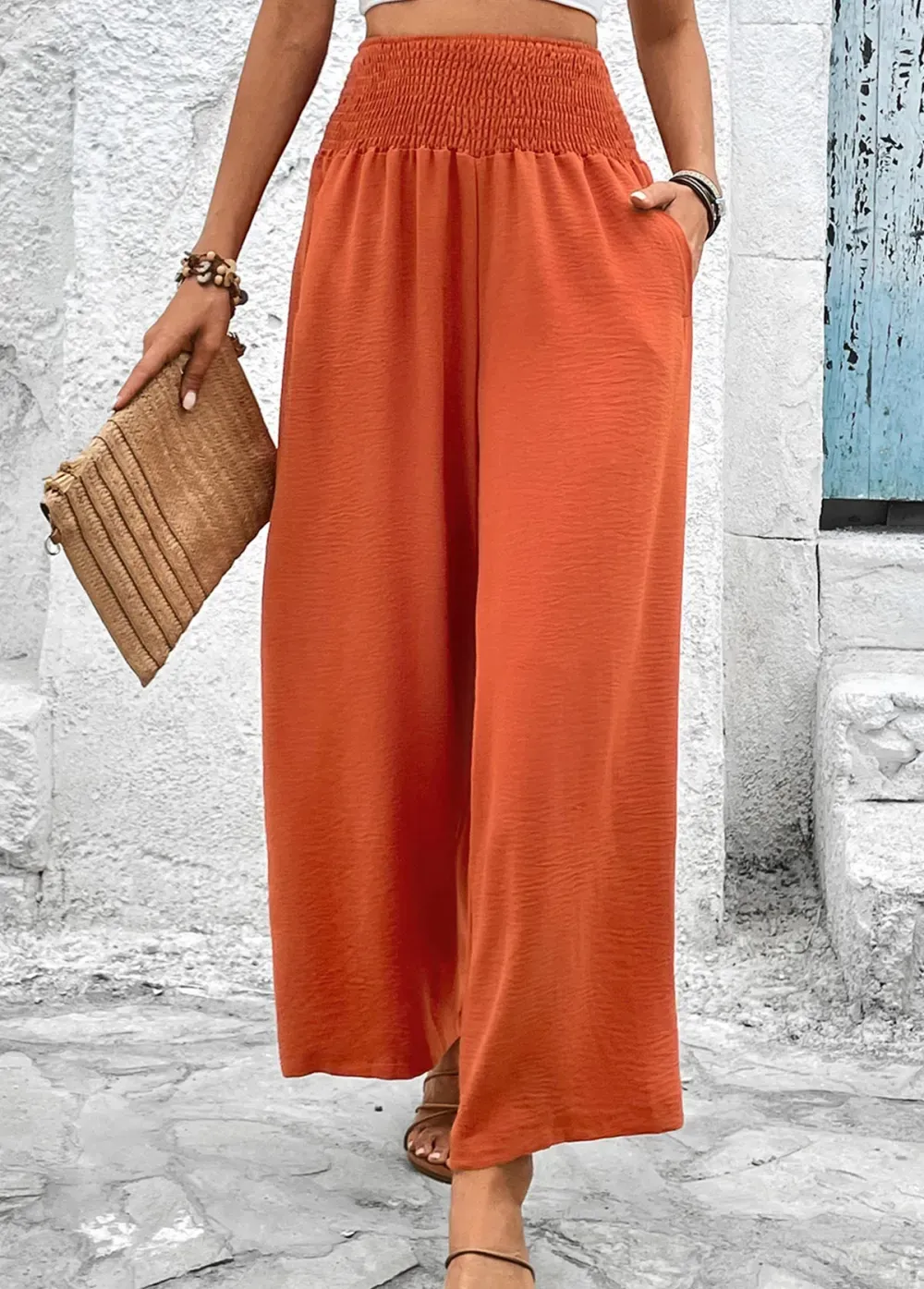 Brick Red Smocked Elastic Waist High Waisted Pants