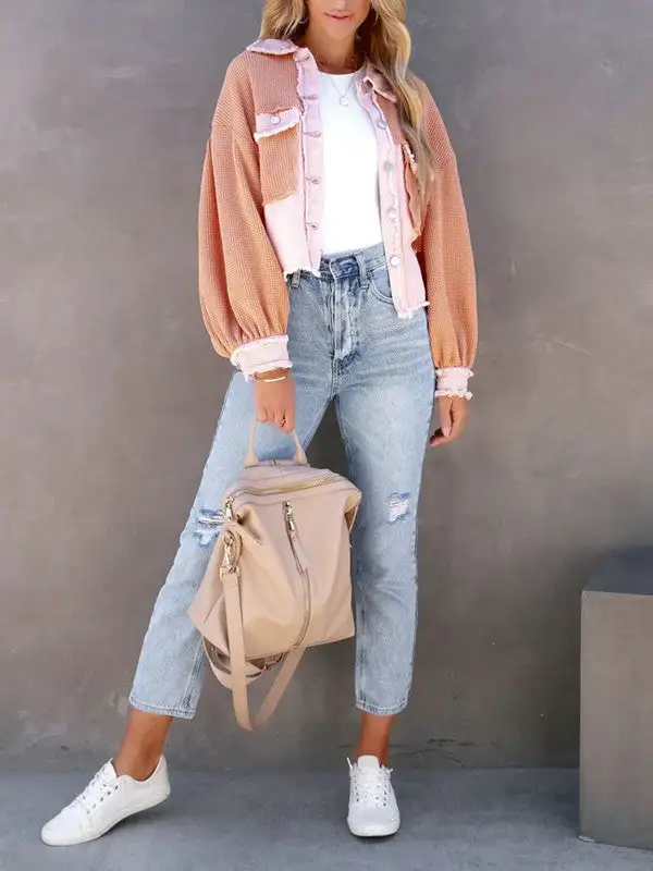 Waffle Patchwork Buttons Wash Jacket