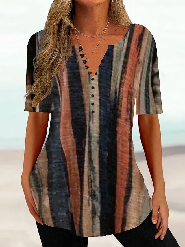 Women's T shirt Tee Henley Shirt Floral Holiday Weekend Grass Green Light Green Red Button Print Short Sleeve Tunic Basic Round Neck Regular Fit