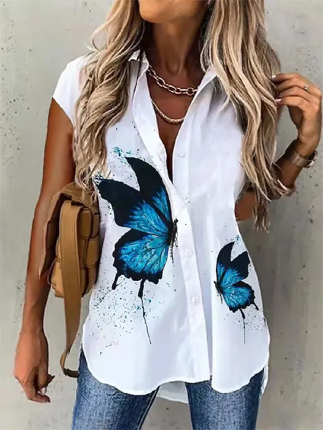 Women's Shirt Blouse Black White Blue Butterfly Button Print Short Sleeve Casual Weekend Basic Shirt Collar Regular Butterfly S