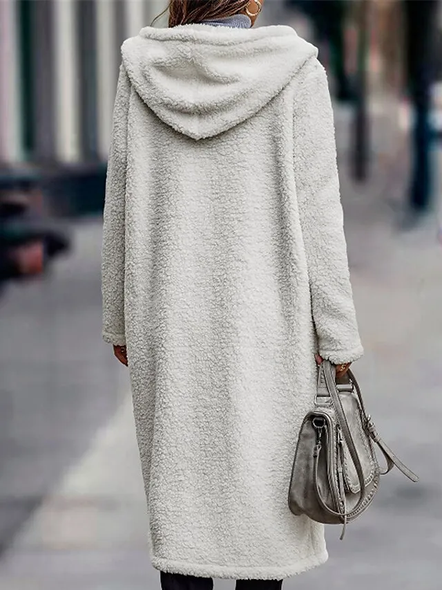 Women's Long Teddy Coat Fall Sherpa Jacket Warm Fleece Daily Going out Button Pocket Buttoned Front Hoodie Casual Solid Color Regular Fit Outerwear Long Sleeve Winter Black Brown Chocolate S M L XL