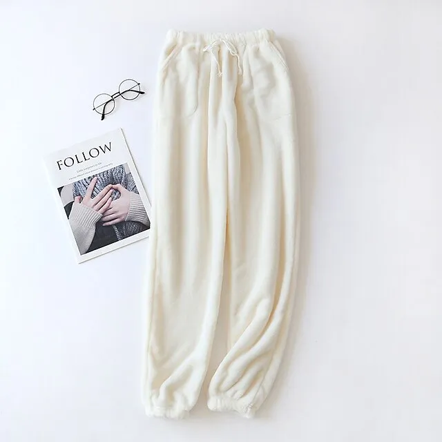 Women's Fleece Fluffy Fuzzy Warm Pajamas Pants Pjs Pure Color Simple Comfort Plush Home Daily Bed Gift Long Pant Elastic Waist Winter Fall Black Blue