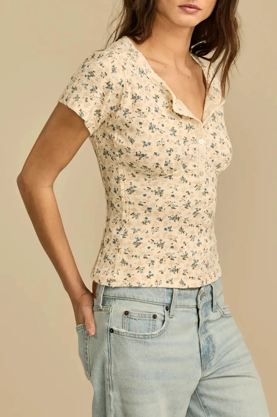 Blue Multi Crochet Trim Short Sleeve Henley