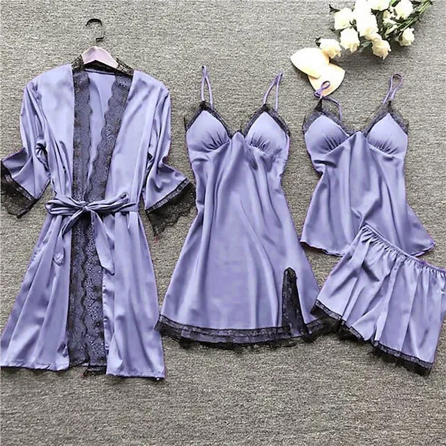 Women's Lace Satin Silk Pajamas Sets 4 Pcs Home Party Daily St.Patrick's Day Elastic Waist Pure Color Satin Simple Casual Soft Strap Top Shorts Fall Winter Spring Strap Short Sleeves Long Sleeve