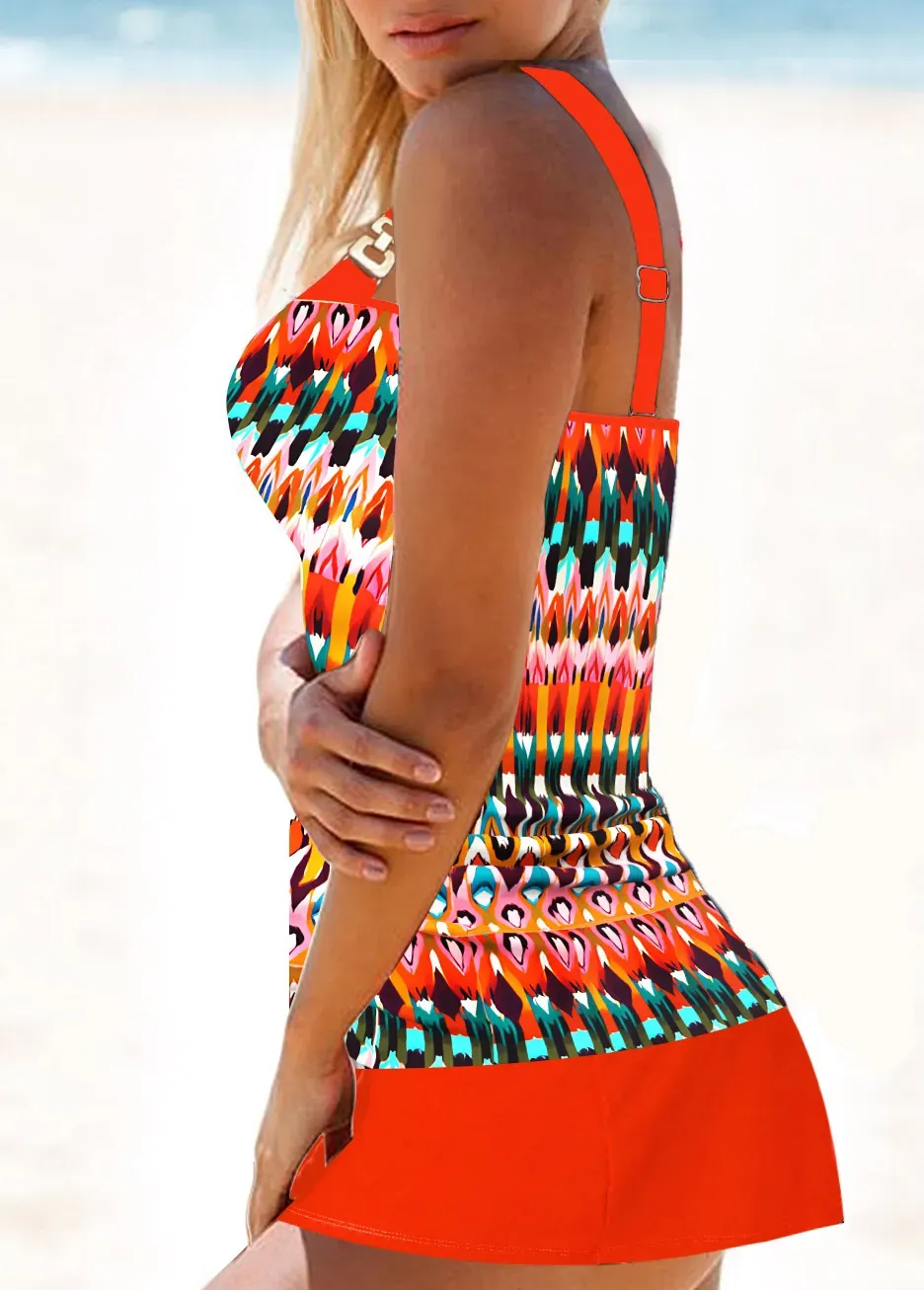Patchwork Mid Waisted Tribal Print Orange Tankini Set