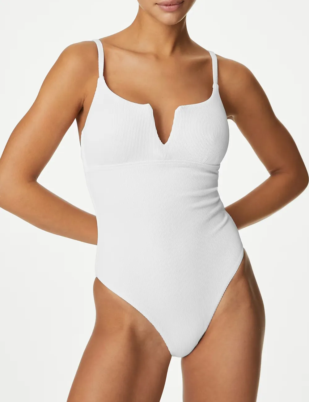 White Tummy Control Ribbed Padded V-Neck Swimsuit