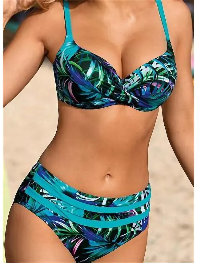 Women's Swimwear Bikini 2 Piece Normal Swimsuit Backless 2 Piece Push Up Sexy Printing Leaf Blue V Wire Bathing Suits New Vacation Beach Wear