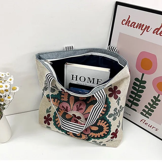 Women's Tote Shoulder Bag Canvas Tote Bag Canvas Shopping Holiday Zipper Large Capacity Foldable Lightweight Geometric Folk Style one Style Three Style two