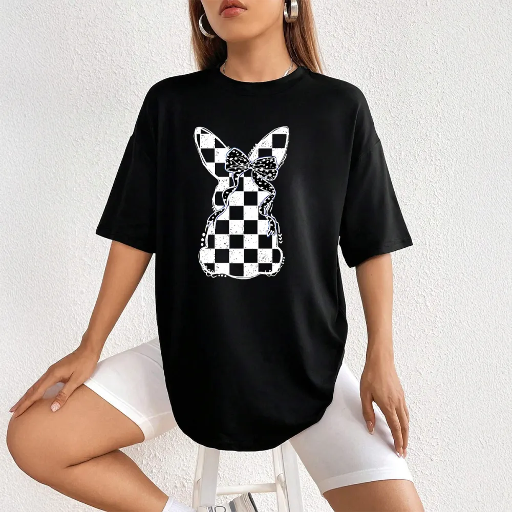 Black And White Checkerboard Easter Bunny Printed Round Neck Short Sleeve T-Shirt