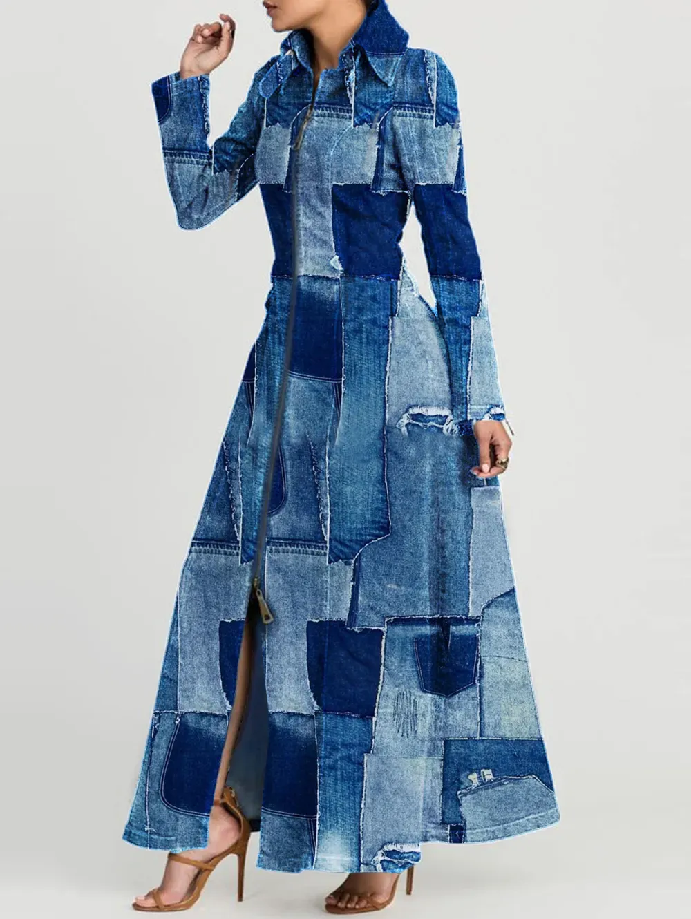 Ursime Denim Patchwork Raw Edge Zipper Long Sleeve Maxi Dress