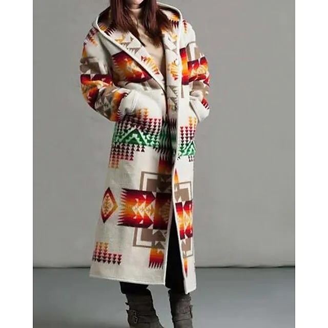 Women's Winter Coat Aztec Print Overcoat Long Coat Warm Heated Hoodie Jacket Long Sleeve Geometric White Black Yellow