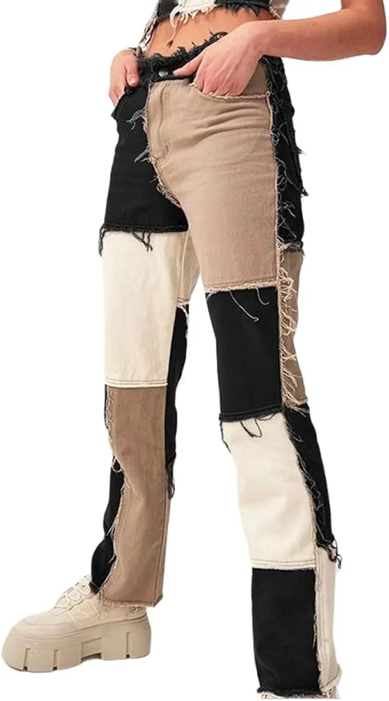 Women Patchwork Jeans High Waist