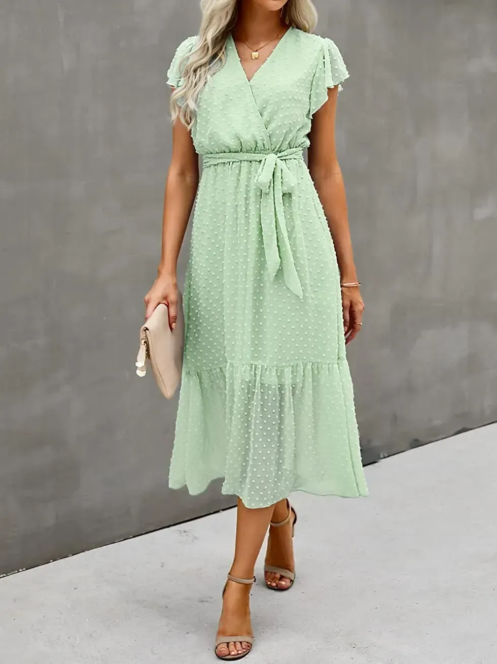Women Summer Bohemian Floral Casual Wrap V Neck Ruffle Cap Sleeveless Belt A-Line Pleated Hem Swing Midi Sun Dress