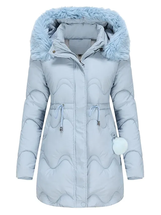 Women's Parka Puffer Jacket Winter Coat Zip up Hooded Coat with Fur Collar Drawstring Thermal Warm Heated Coat Removable Hood Fall Outerwear with Pockets Warm Classic Long Sleeve Light Blue Pink Black