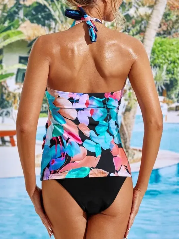 Vacation Floral Printing V Neck Tankinis Two-Piece Set