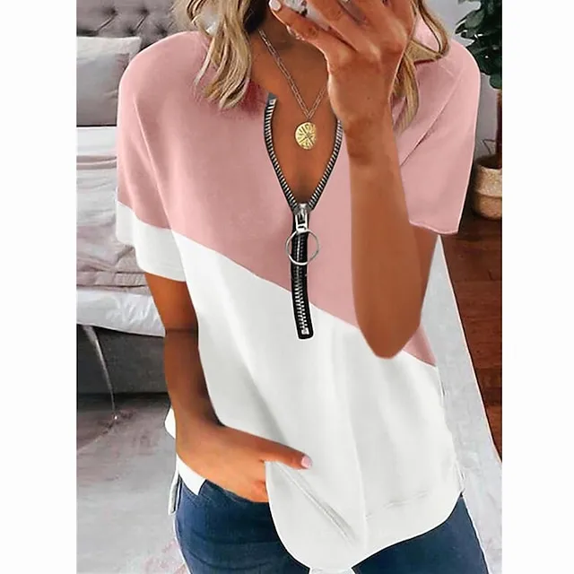 Women‘s Summer Contrast Printing V-neck Zipper Short-sleeved Shirt T-shirt Top