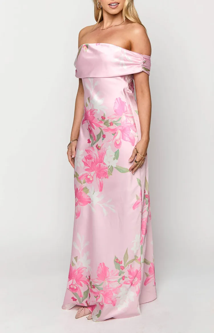 Off Shoulder Pink Floral Maxi Dress
