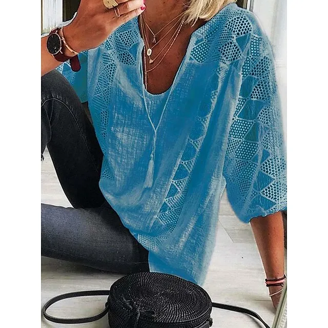 Women's Blouse Lace Patchwork Solid Color Basic Boho U Neck Lace-up Spring &  Fall Black White Yellow Light Blue Grey