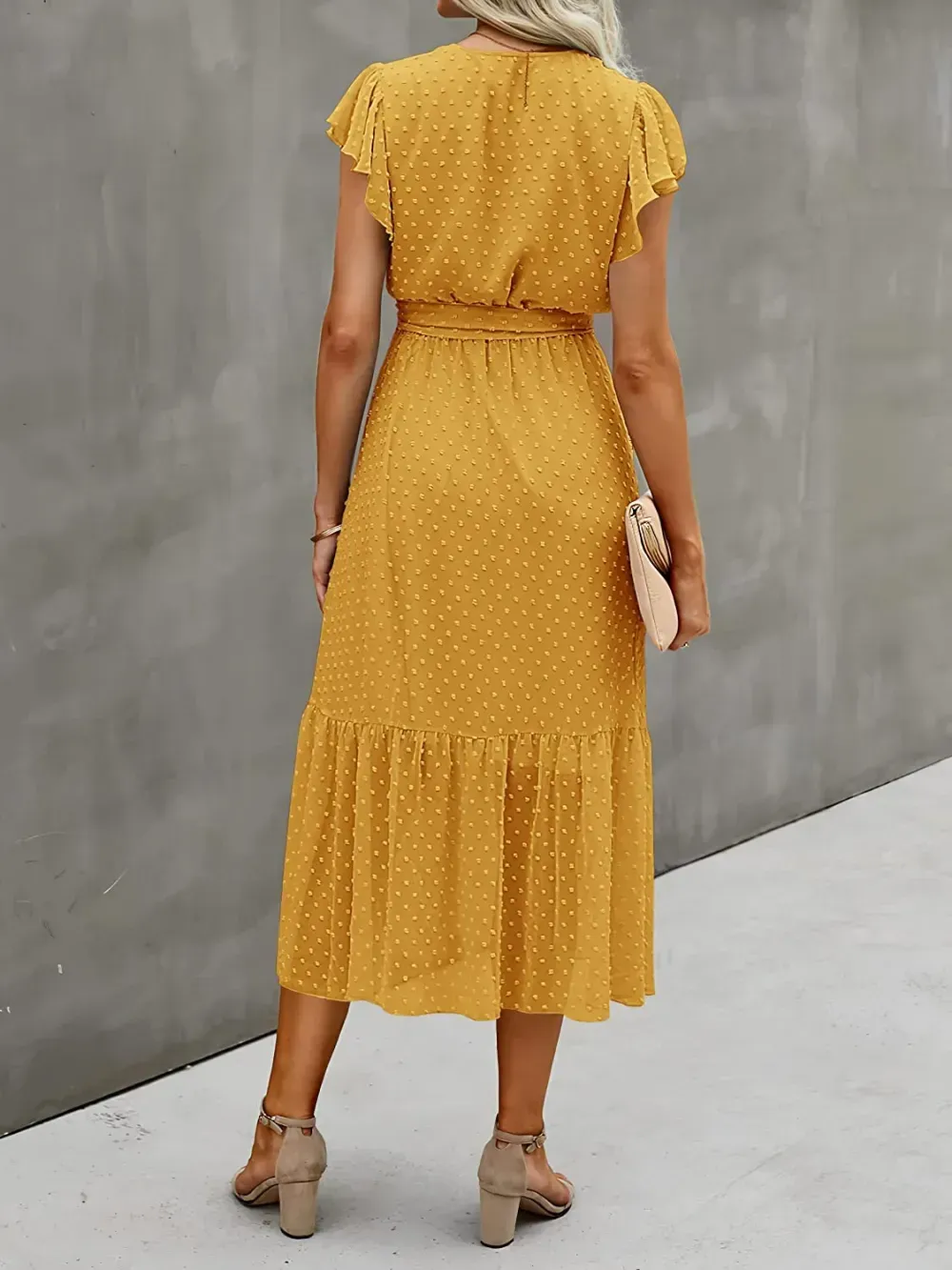 Women Summer Bohemian Floral Casual Wrap V Neck Ruffle Cap Sleeveless Belt A-Line Pleated Hem Swing Midi Sun Dress