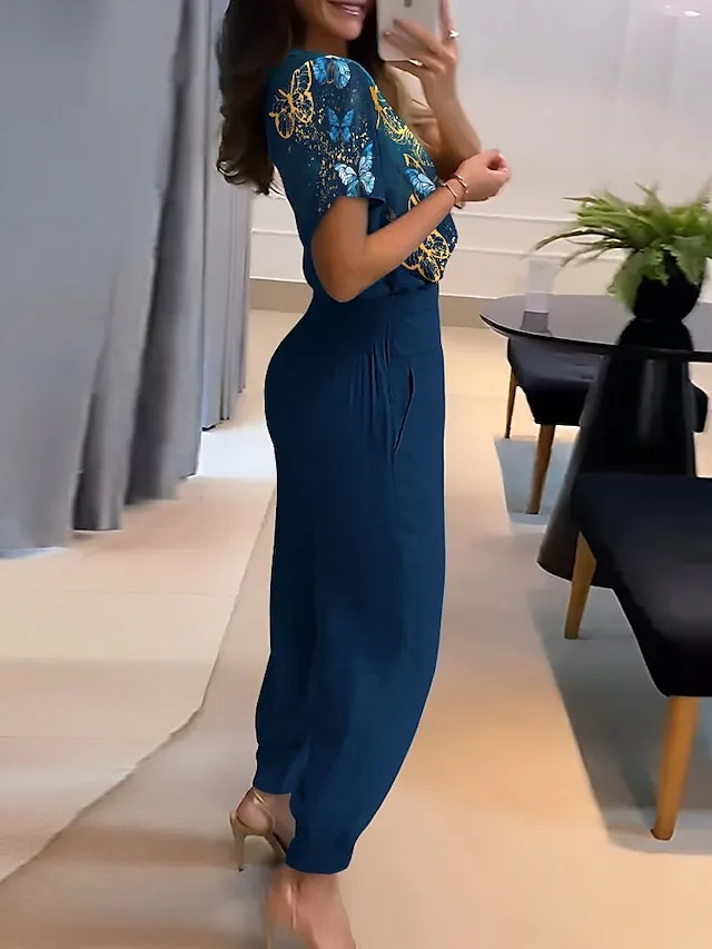 Women's Shirt Pants Sets Black Yellow Royal Blue Graphic Butterfly Print Short Sleeve Casual Daily Vintage Fashion Streetwear V Neck Regular Fit Fall & Winter