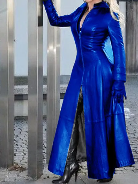 PU Leather Zipper Design Long Sleeve Coat