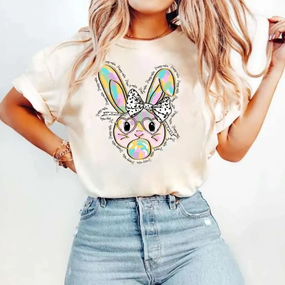 Happy Easter Printed Round Neck Short Sleeve T-Shirt