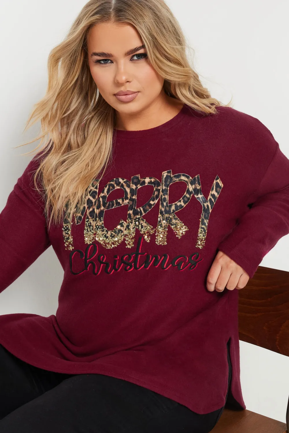YOURS Curve Burgundy Red 'Merry Christmas' Sequin Embellished Sweatshirt