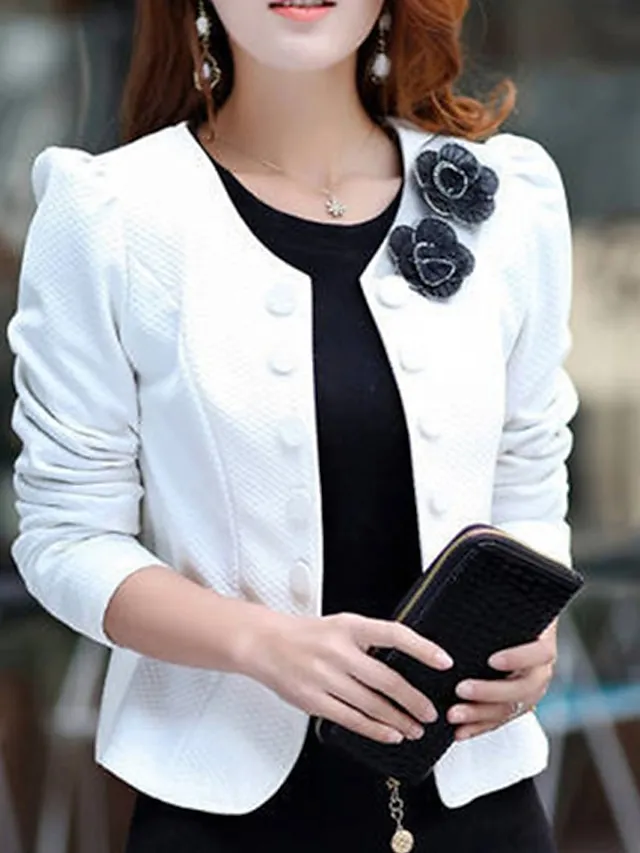 Women's Blazer Fall Short Bow Coat White Black Pink Fuchsia Elegant Street Spring Open Front Round Neck Regular Fit S M L XL XXL 3XL