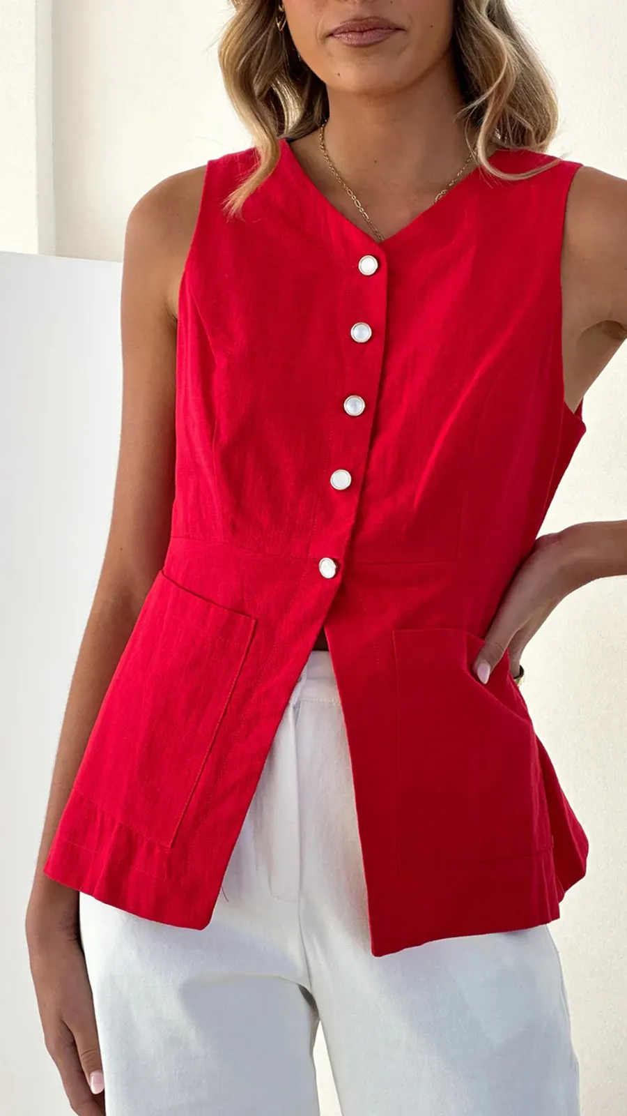 Bright Red Button-Down Top