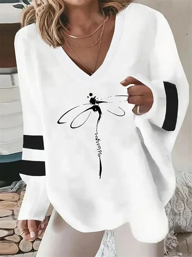 Women's Pullover Sweater Jumper Jumper Ribbed Knit Print Animal V Neck Stylish Casual Outdoor Daily Summer Fall White / Black Black S M L