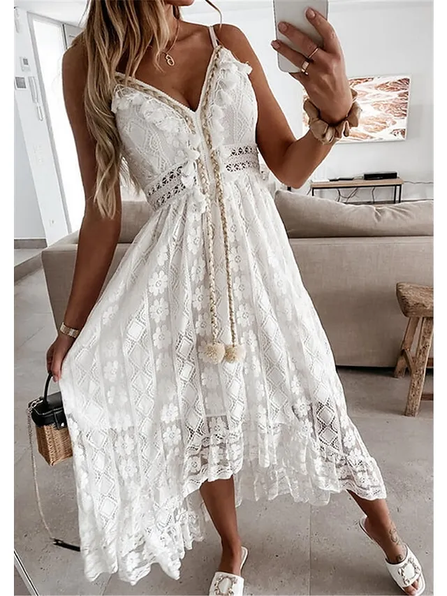 Women's Party Dress Lace Dress Casual Dress Holiday Dress Long Dress Maxi Dress White Beige Sleeveless Print Lace Summer Spring V Neck Basic