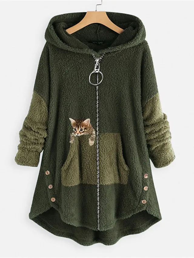 Women's Plus Size Fleece Jacket Teddy Coat Button Pocket Animal Color Block Cat Causal Vacation Long Sleeve Hooded Regular Winter Fall Black Grey Green Black L XL XXL 3XL 4XL