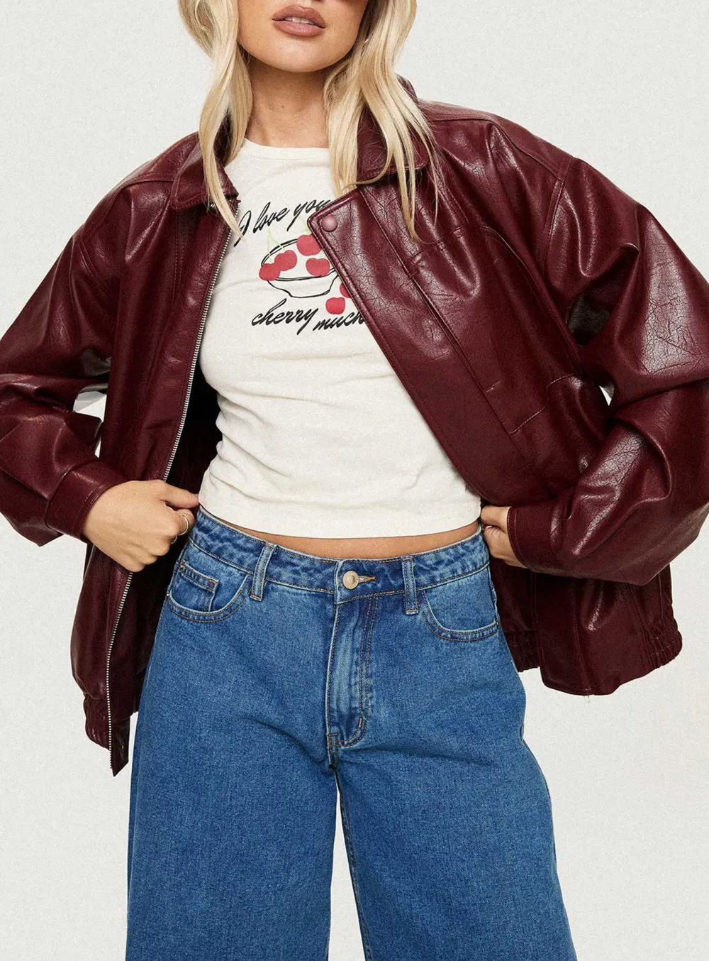 Satin Trim Faux Leather Jacket