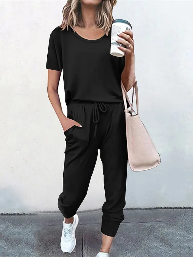 Women's Loungewear Sets Pure Color Fashion Casual Comfort Street Daily Date Polyester Breathable Crew Neck Short Sleeve T shirt Tee Pant Pocket Elastic Waist Summer Fall Black Pink