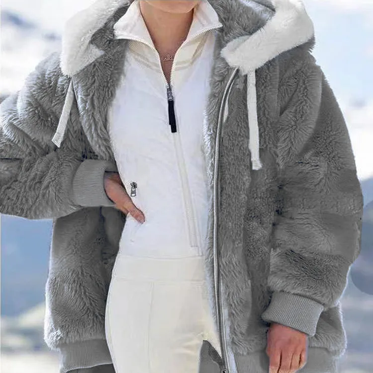 New  Long Plush  Solid Color Hooded Coat