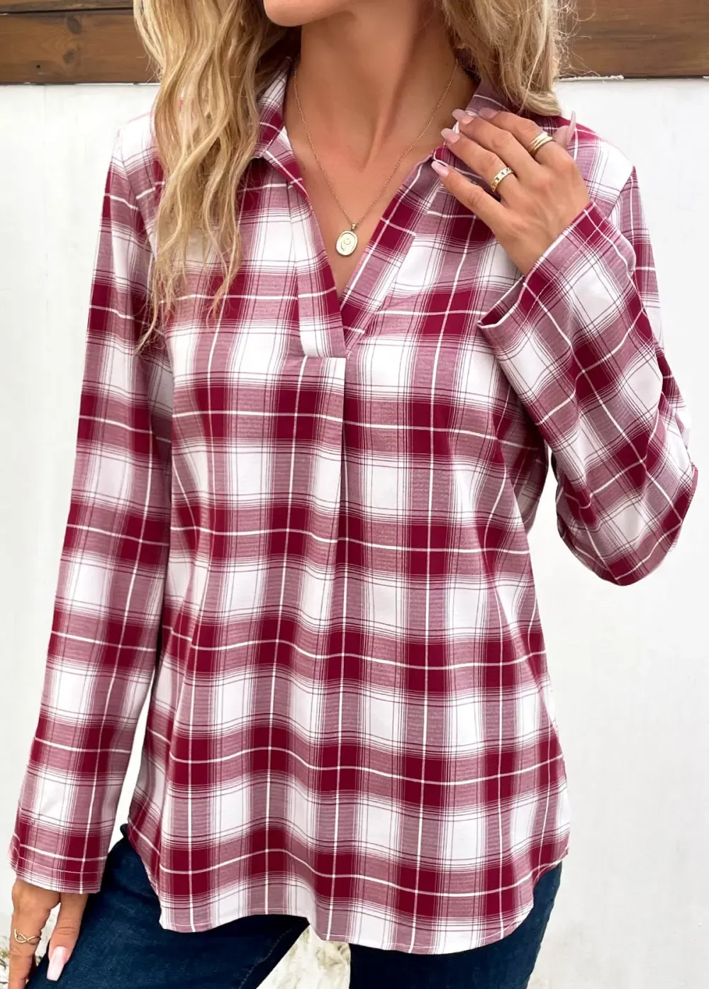 Wine Red Split Plaid Long Sleeve Blouse