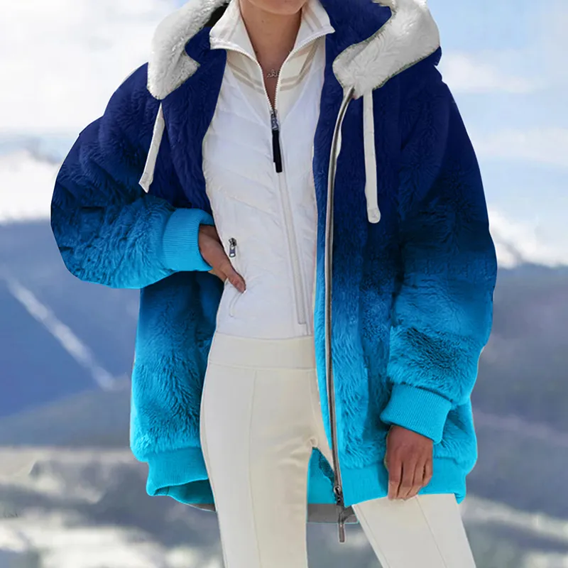 Loose Plush Gradient Zip Hooded Coat