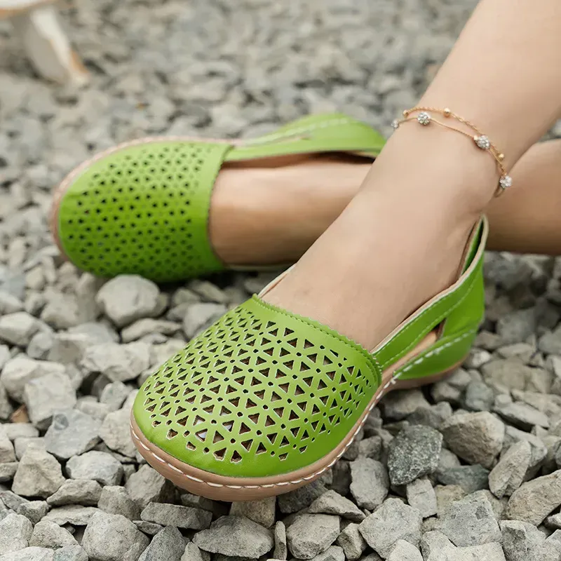 Women's Hollow Out Flat Sandals, Solid Color Cut-out Closed Toe Slip On Shoes, Casual Faux Leather Shoes